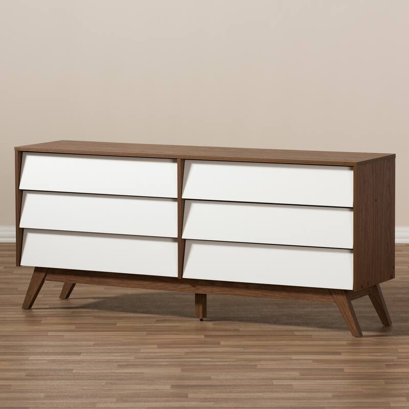 6 Drawer Dresser - White and Walnut Brown Double Dresser - Modern Storage Chest - Bedroom Living Room Furniture