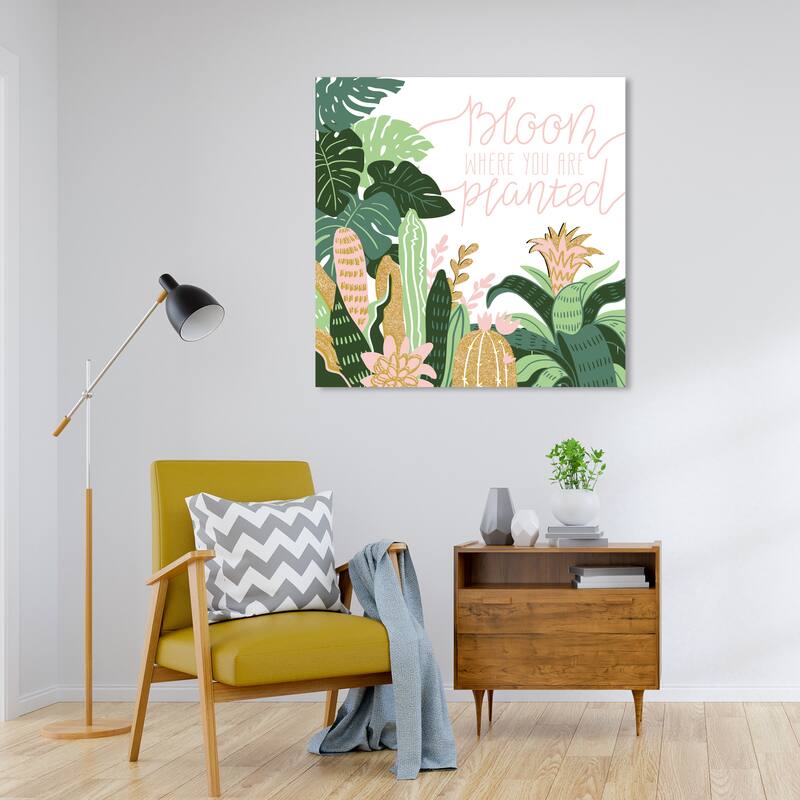 Wynwood Studio Canvas Floral and Botanical Bloom Where you are planted Green and Pastel Pink Tropical Wall Art Canvas Print - 30 x 30