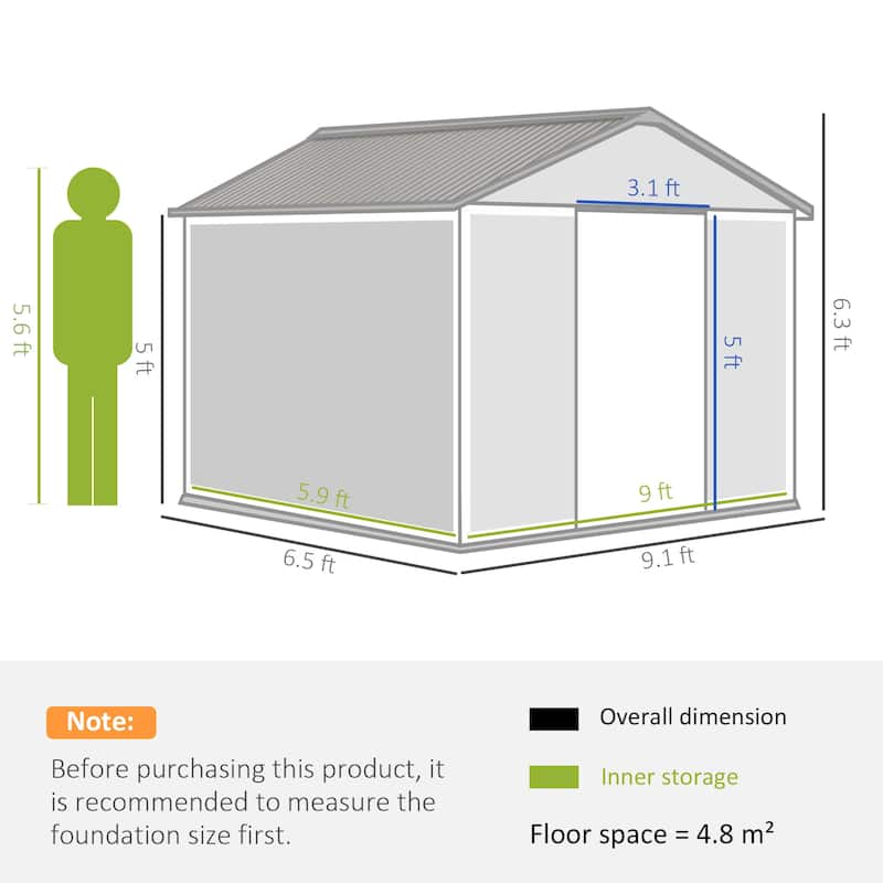 Outsunny 9' x 6' Outdoor Storage Shed, Garden Tool House with Foundation, 4 Vents and 2 Easy Sliding Doors
