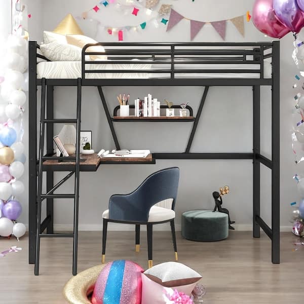 slide 2 of 24, Modern Twin Size Metal MDF Loft Bed With Built-in Desk And Shelf for Bedroom Black