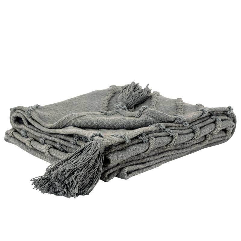 HomeRoots 50" X 60" Gray Cotton Woven Geometric Throw Blanket with Tassels