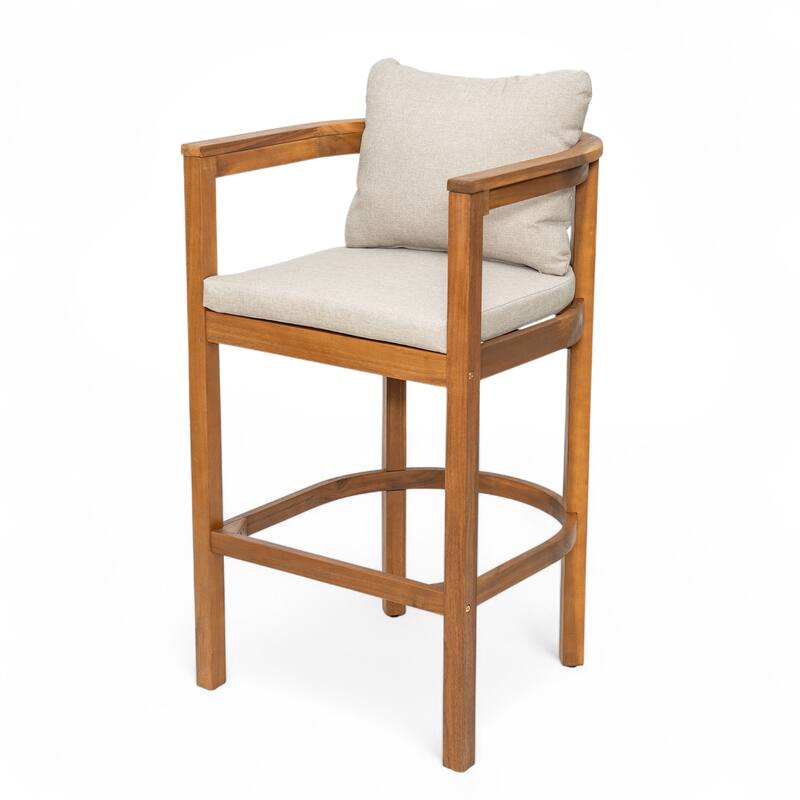 Roomfitters Abaco Outdoor Acacia Wood Barstools with Cushions, Teak Finish and Beige Set of 2