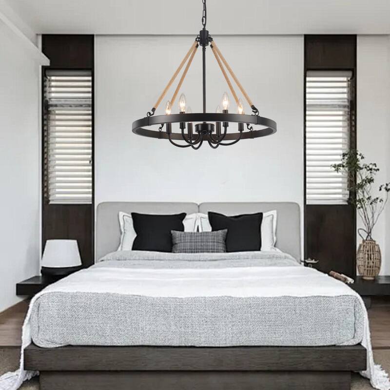 6 - Light Rustic Farmhouse Wagon Wheel Candle Style Chandelier for Living Room Bedroom Dinging Room