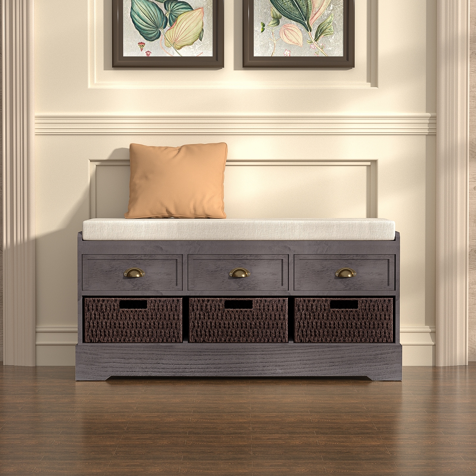 Wooden Storage Bench with Drawers and Rattan Baskets and - Main Image