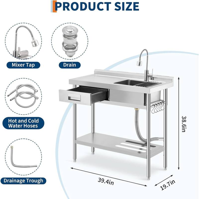 39.4"x19.7"x38.6" Freestanding Single Bowl Utility Sink with Pull-Out Hot & Cold Faucet