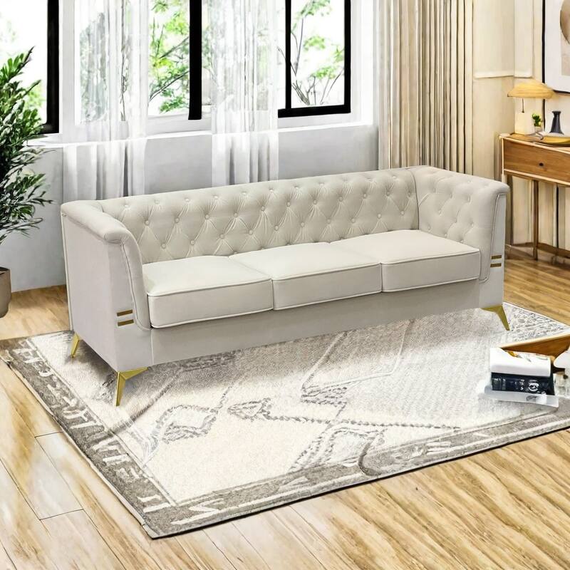 82'' Modern Velvet 3-Seater Couch with Tufted Design and Gold Metal Legs