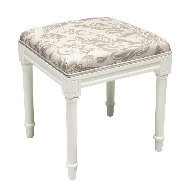 Taupe Tuscan Floral Vanity Stool with White Frame