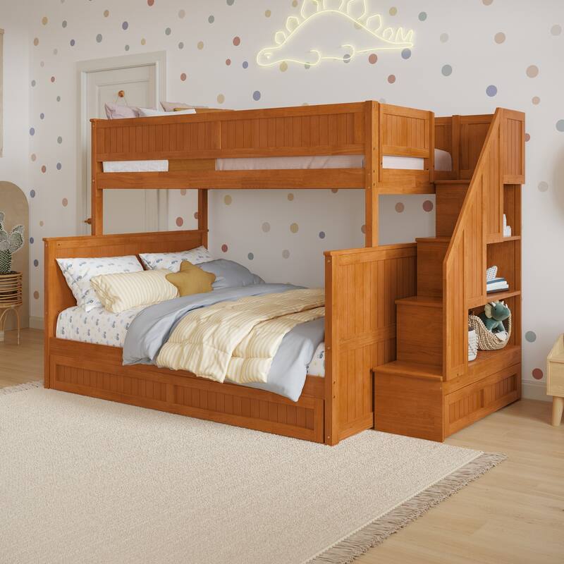 Twin Over Full Staircase Bunk Bed with Built-In Storage and Pull-Out Trundle - Light Toffee