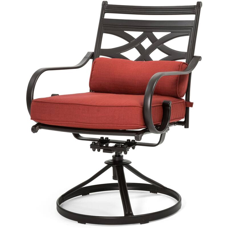 Hanover Montclair 11-Piece Dining Set in Chili Red with 10 Swivel Rockers and a 60-In. x 84-In. Table