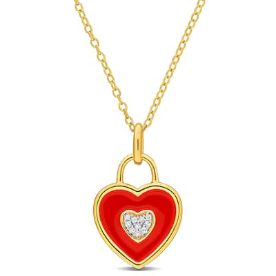 Miadora Red Enamel Plated Heart with Diamond Accent Pendant with Chain in Yellow Silver-17in