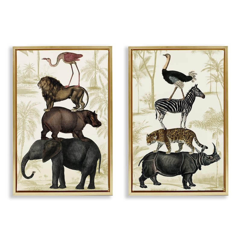 Stupell Stacked Safari Animals Framed Floater Canvas Wall Art Design By Victoria Barnes (Set of 2) - 21 x 31 - Gold