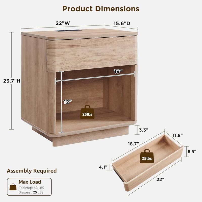 Modern Nightstand with Charging Station, End Table, Wood Beside Table