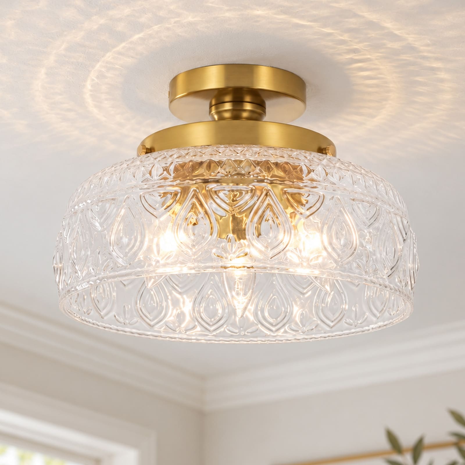 3-Light Modern Brass Bowl Clear Pattern Textured Glass Semi-Flush Mount Ceiling Light for Bedroom & Hallway