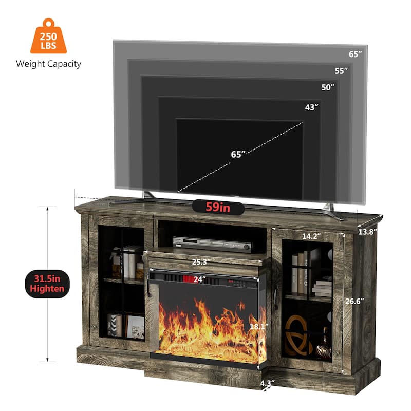 59''Fireplace TV Stand with 3-Sided Glass Electric Fireplace