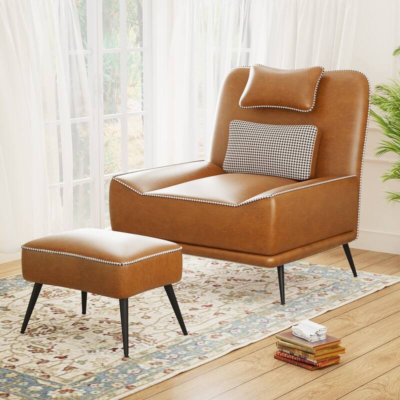 Accent Chair with Ottoman, Mid Century Modern Upholstered Faux Leather Chairs for Living Room Bedroom Lounge Chair Armless