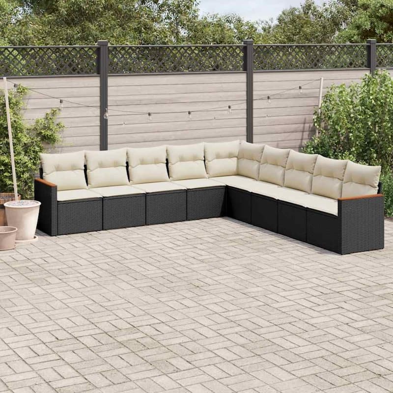 vidaXL Patio Sofa Set with Cushions Outdoor Conversation Furniture Poly Rattan - Black and cream without table - 24.4 x 24.4 x 27.2 in