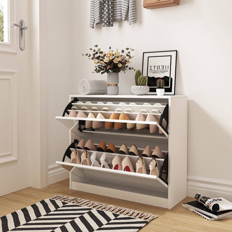 Mirror Shoe Storage Cabinet, Freestanding Narrow Slim Shoe Organizer, Hidden Shoe Rack with 3 Layers Flip Drawer