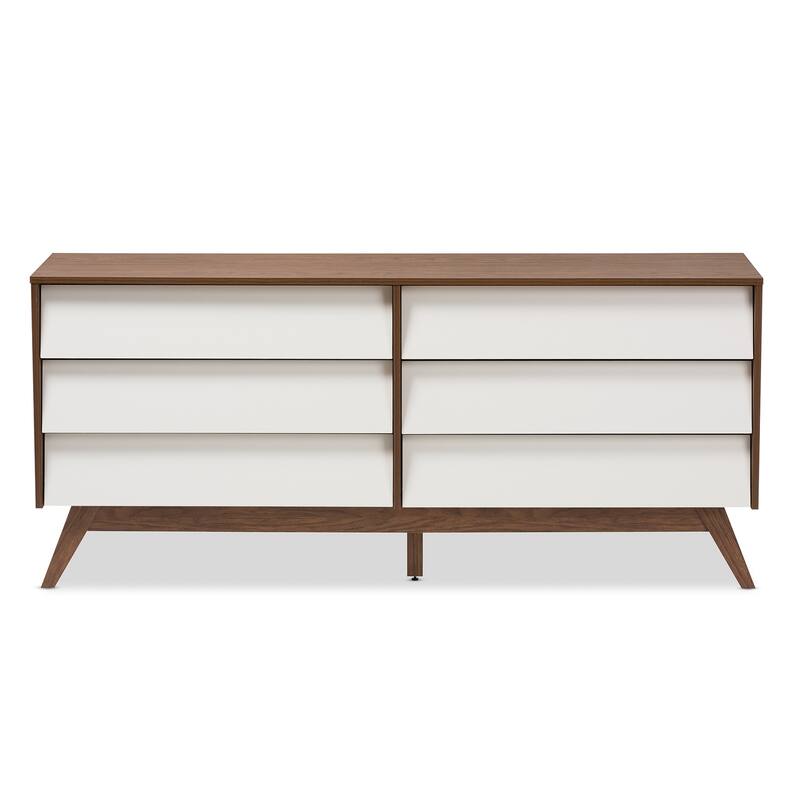 6 Drawer Dresser - White and Walnut Brown Double Dresser - Modern Storage Chest - Bedroom Living Room Furniture