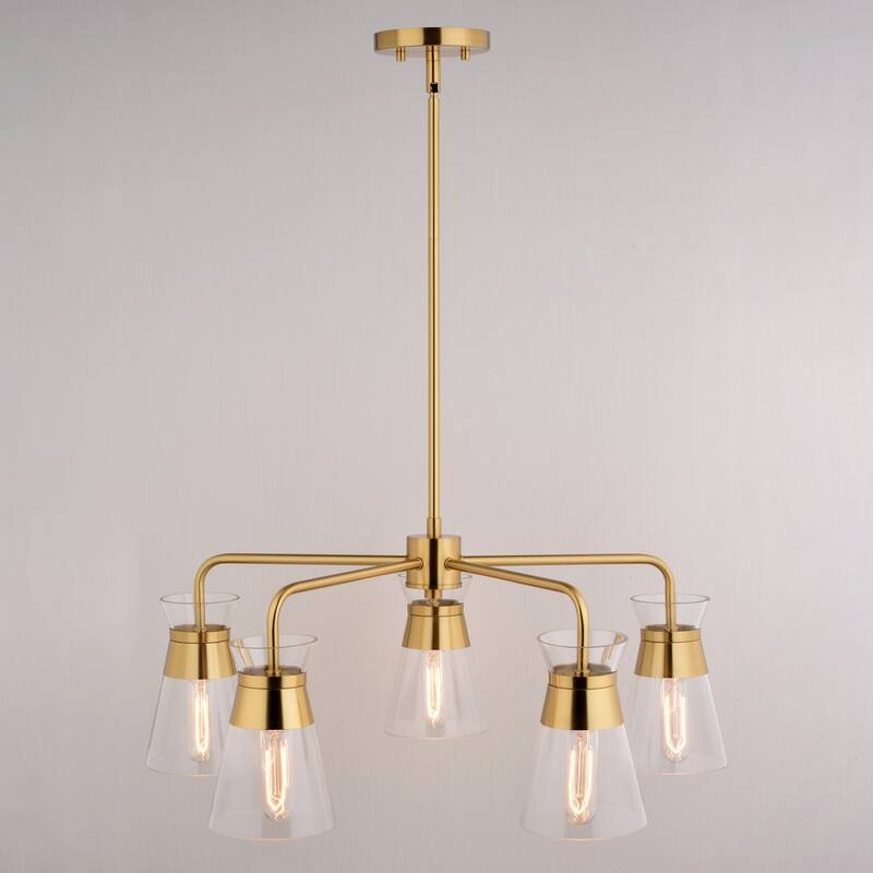 Harper 5-Light 27 in. Wide Natural Brass Gold Mid-Century Modern Chandelier with Clear Glass Cone Shade, Ceiling Fixture