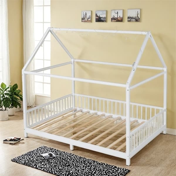 slide 2 of 8, Wood Full Size House Bed with Guardrail and LED