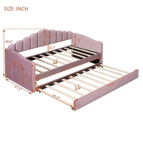 dimension image slide 0 of 2, Twin size Velvet Platform Daybed w/ Trundle Upholstered Bed Frame