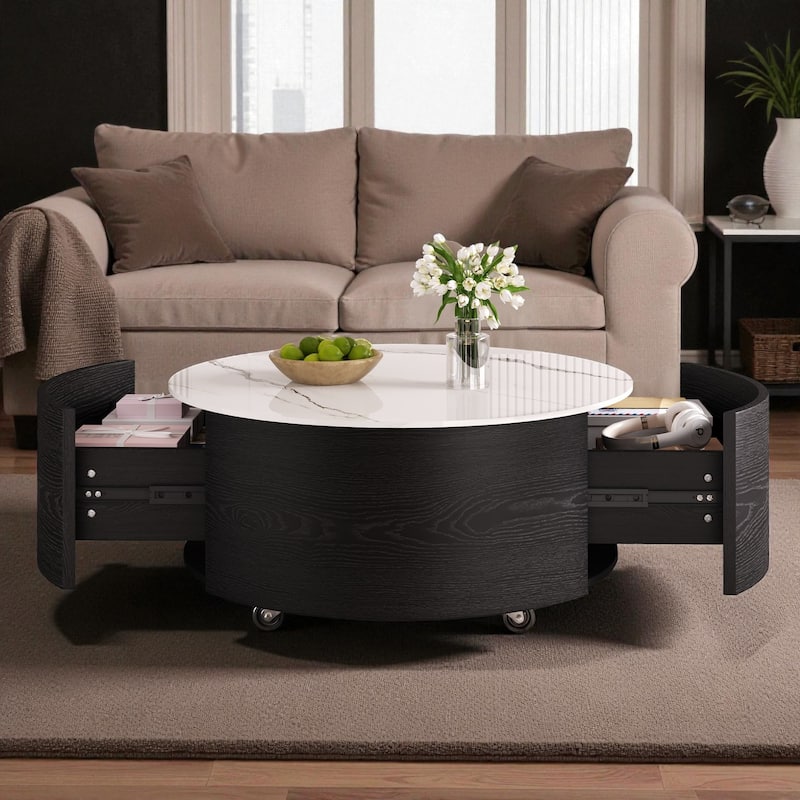 29.5'' Modern Round Movable Coffee Table with 2 Drawers, Sintered Stone Marble Top & Casters for Living Room