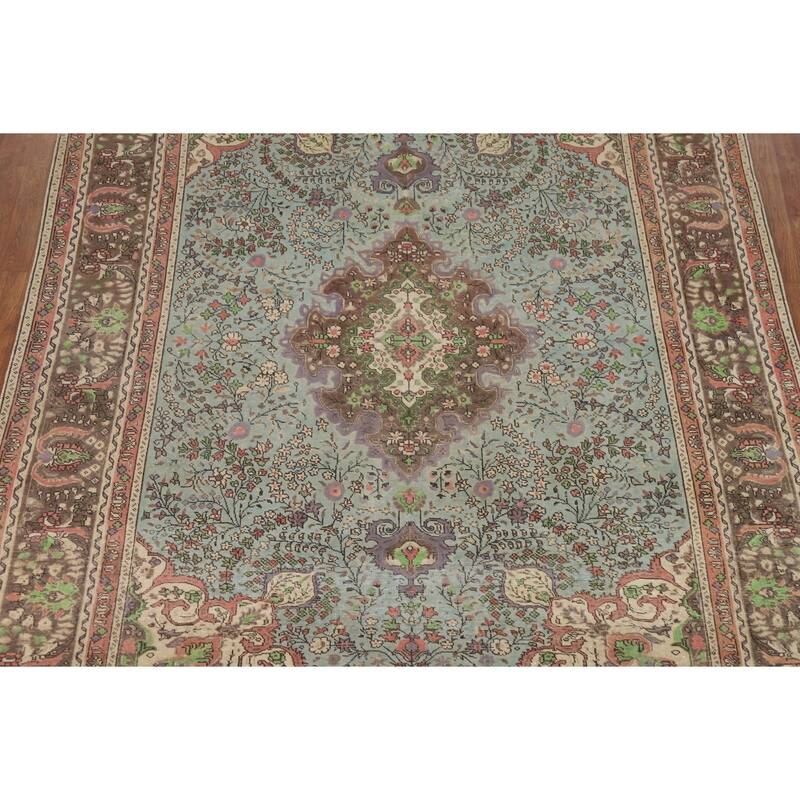 Blue Traditional Tabriz Persian Rug Hand-Knotted Floral Wool Carpet - 6'8"x 9'7"