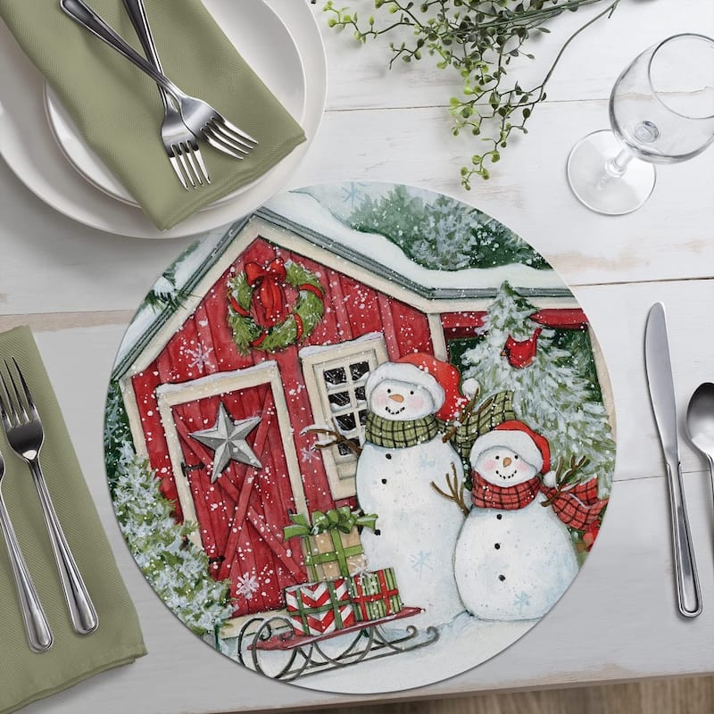 Snowman's Farmhouse Round Reversible Easy Care Flexible Plastic Placemat 4 Pack Made in The USA