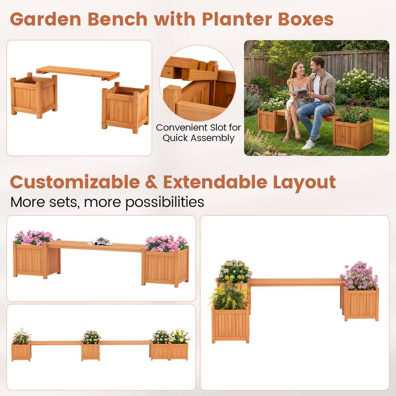 Gymax Wood Wooden Planter Box w/ Seat 2-in-1 Raised Garden Bed & Bench
