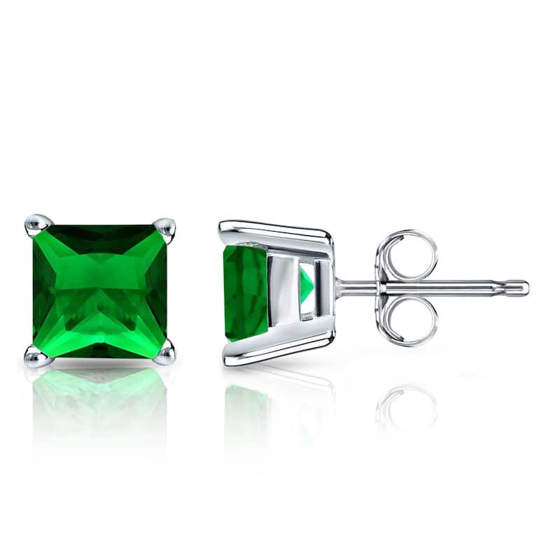 Auriya 14k Gold Lab Grown Gemstone Green Emerald Stud Earrings Princess 0.25 to 5.00 ct. tw. 4-Prong Basket Push-Back - 2.00ct tgw. - White
