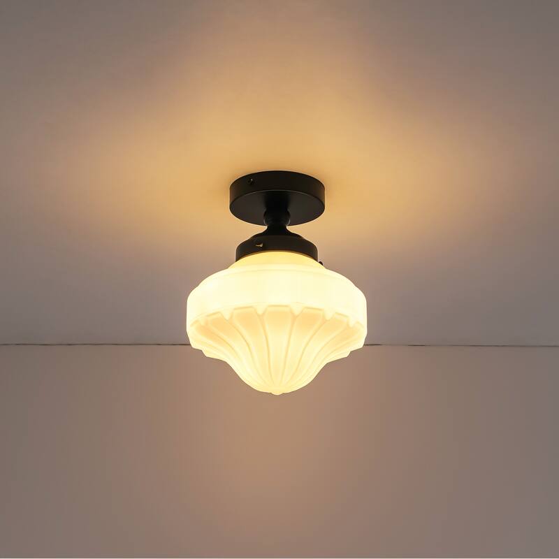 8.7 in. 1-Light Retro Black/Antique Gold Ice-Cream Shaped Semi-Flush Mount Ceiling Light with Opal Textured Glass Shade