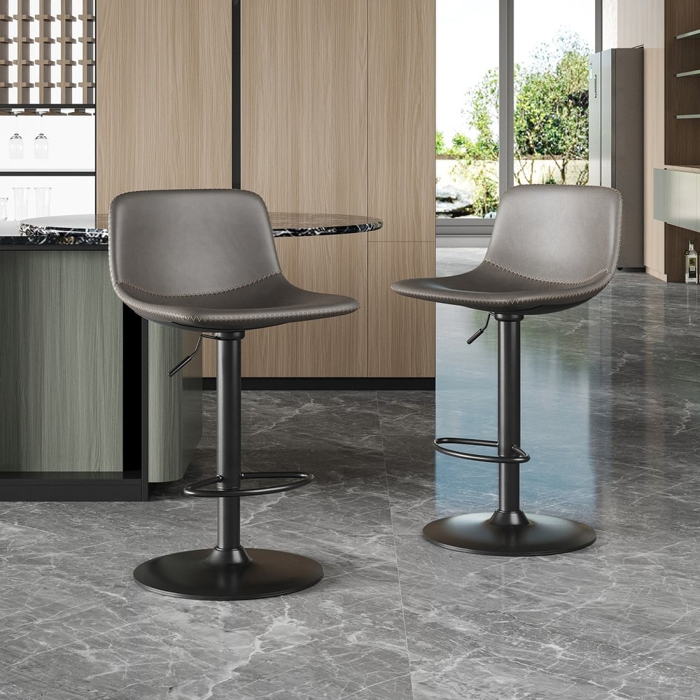 Mid-Century Modern Faux Leather Swivel Adjustable Bar Stools Set of 2