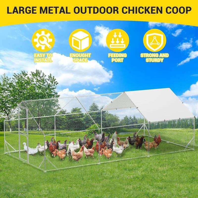 Large Metal Chicken Coop Run,Walk-in Poultry Cage with Waterproof Roof Cover