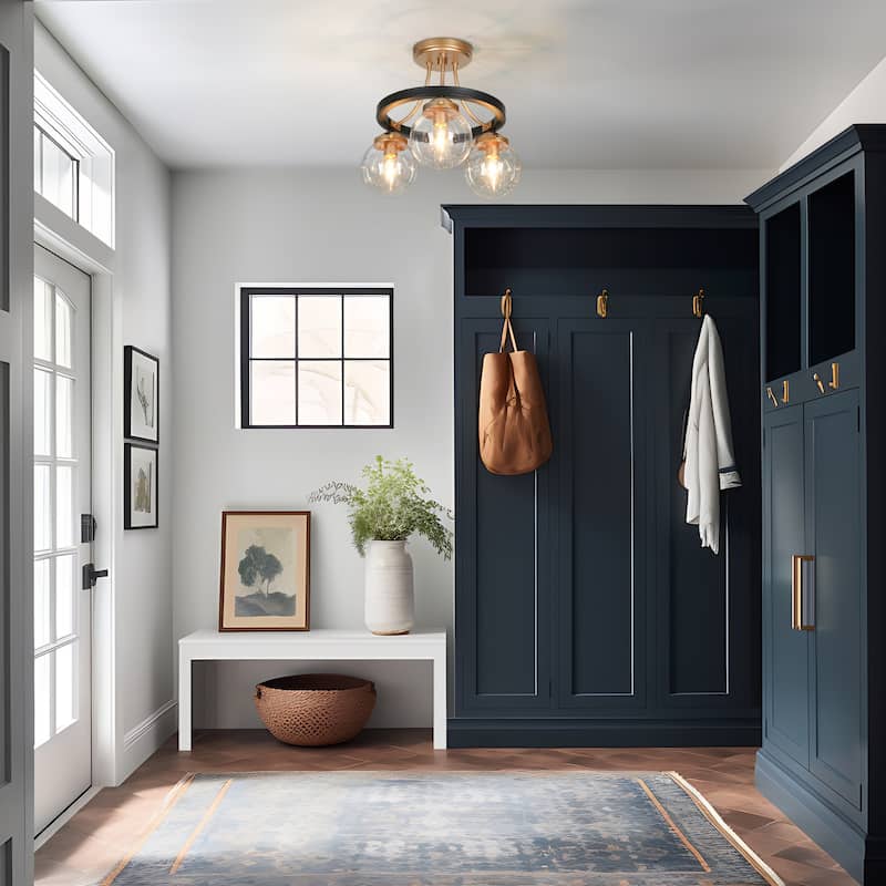 Modern Farmhouse 3-Light Black Gold Semi-Flush Mount Glass Ceiling Light - 14.5" D x 12" H