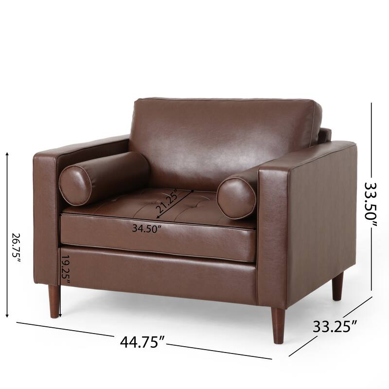 Roomfitters Faux Leather Club Chair with Tufted Seat, Bolster Pillows and Modern Wood Legs for Living Rooms, Dark Brown