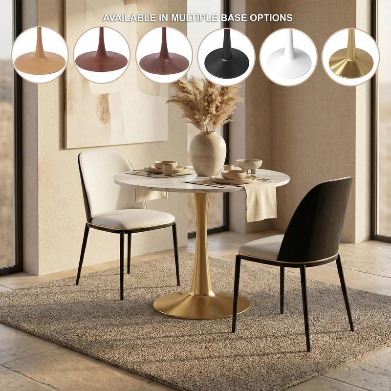Bristol Minimalist Modern Round Dining Table with Solid Wood Top and Accent Gold Stainless Steel Base for Home or Kitchen