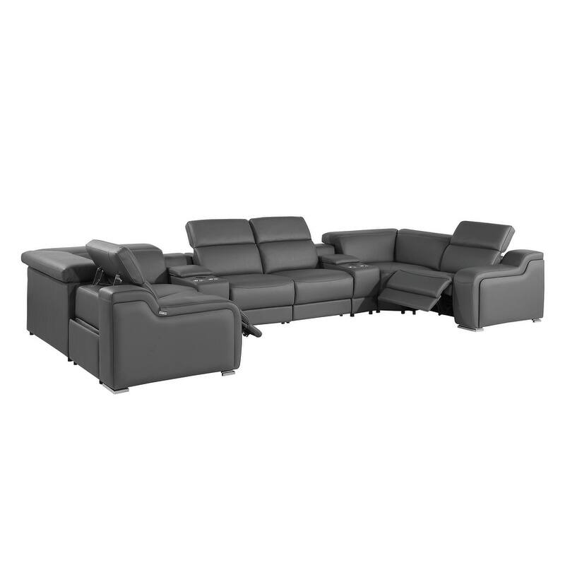 HomeRoots Dark Gray Italian Leather Power Reclining U Shaped Eight Piece Corner Sectional With Console
