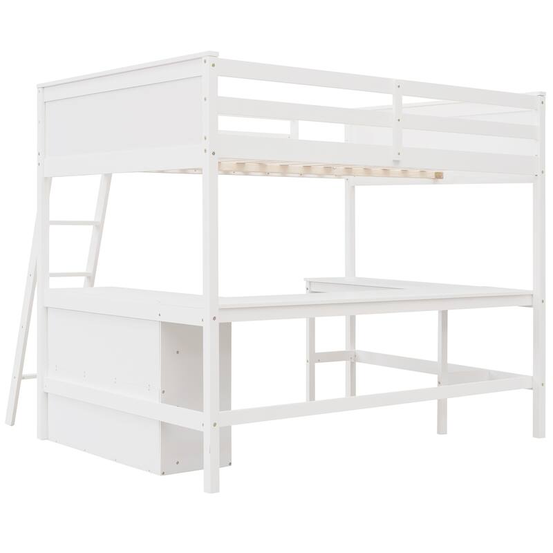 Full Size Wooden Loft Bed with Shelves and Desk in White