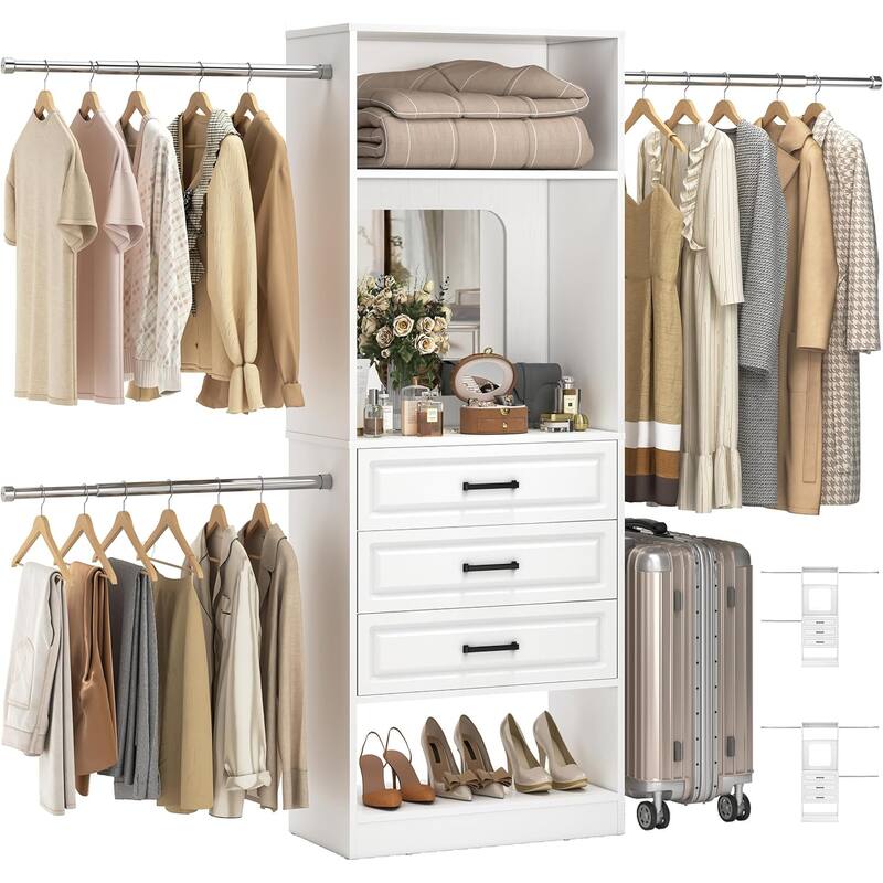 New Style 48"-96” Wide Closet System with Mirror, Sturdy Walk-in Closet Organizer with Drawers and 3 Extendable Hanging Rods - White