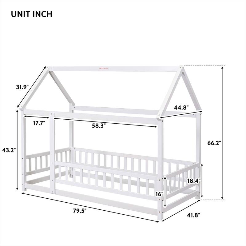 Floor Wooden Bed with House Roof Frame, Fence Guardrails