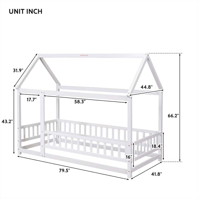 Floor Wooden Bed with House Roof Frame