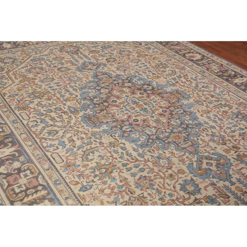 Geometric Tabriz Persian Rug Handmade Beige Oriental Wool Carpet - 8'4"x 11'0"