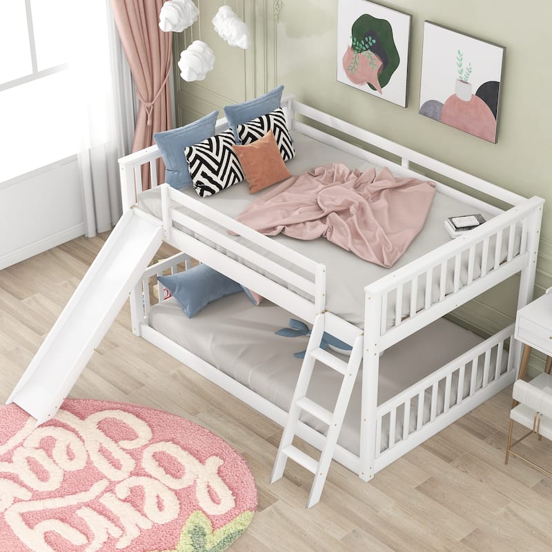 Full Over Full Floor Bunk Bed with Slide and Ladder, Wood Bunk Bed - White