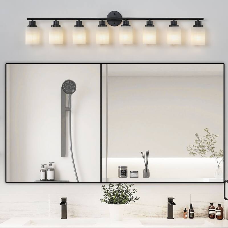 52" Modern 8-Light Vanity Wall Sconce,with Frosted Glass Shades for Bathroom or Hallway Lighting (No Bulbs) - Black