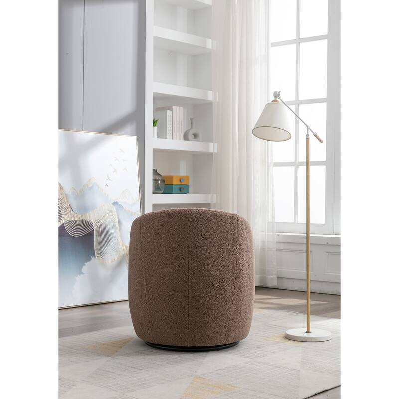 Teddy Fabric Swivel Barrel Chair, Round Upholstered Sofa Chair, Reading Leisure Chair with Curved Backrest & Metal Base