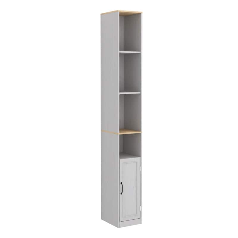 72" Tall Slim Storage Cabinet, 6-Tier Narrow Freestanding Shelf with Door, Antique White