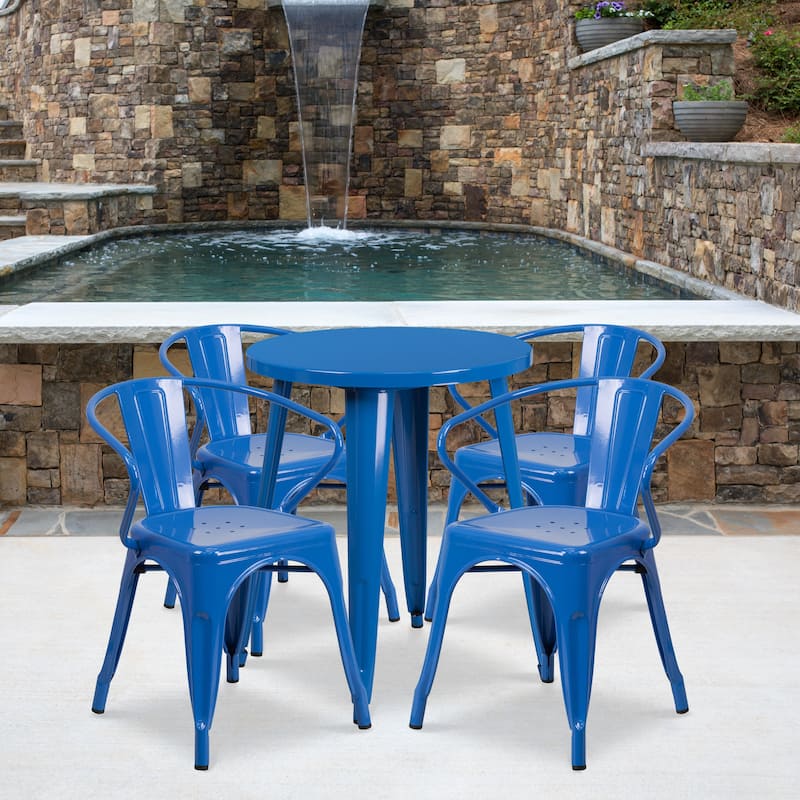 24'' Round Metal Indoor-Outdoor Table Set with 4 Arm Chairs - Blue