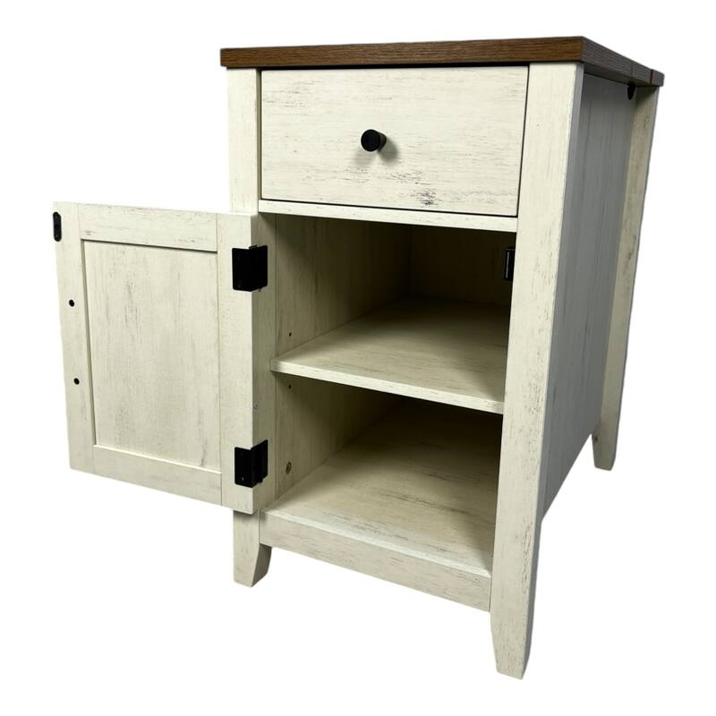 Farmhouse End Table with Charging Station,Night Stand with Barn Door and Drawer - Brown+White