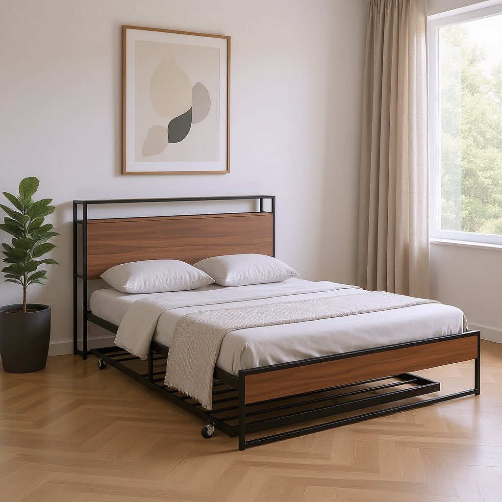 HomeRoots Black Metal Full Bed Frame With Trundle