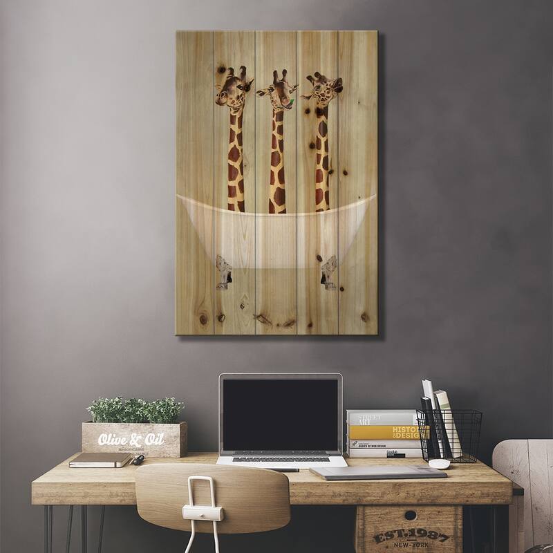 Giraffes In Bathtub Print On Wood by Coco de Paris - Multi-Color